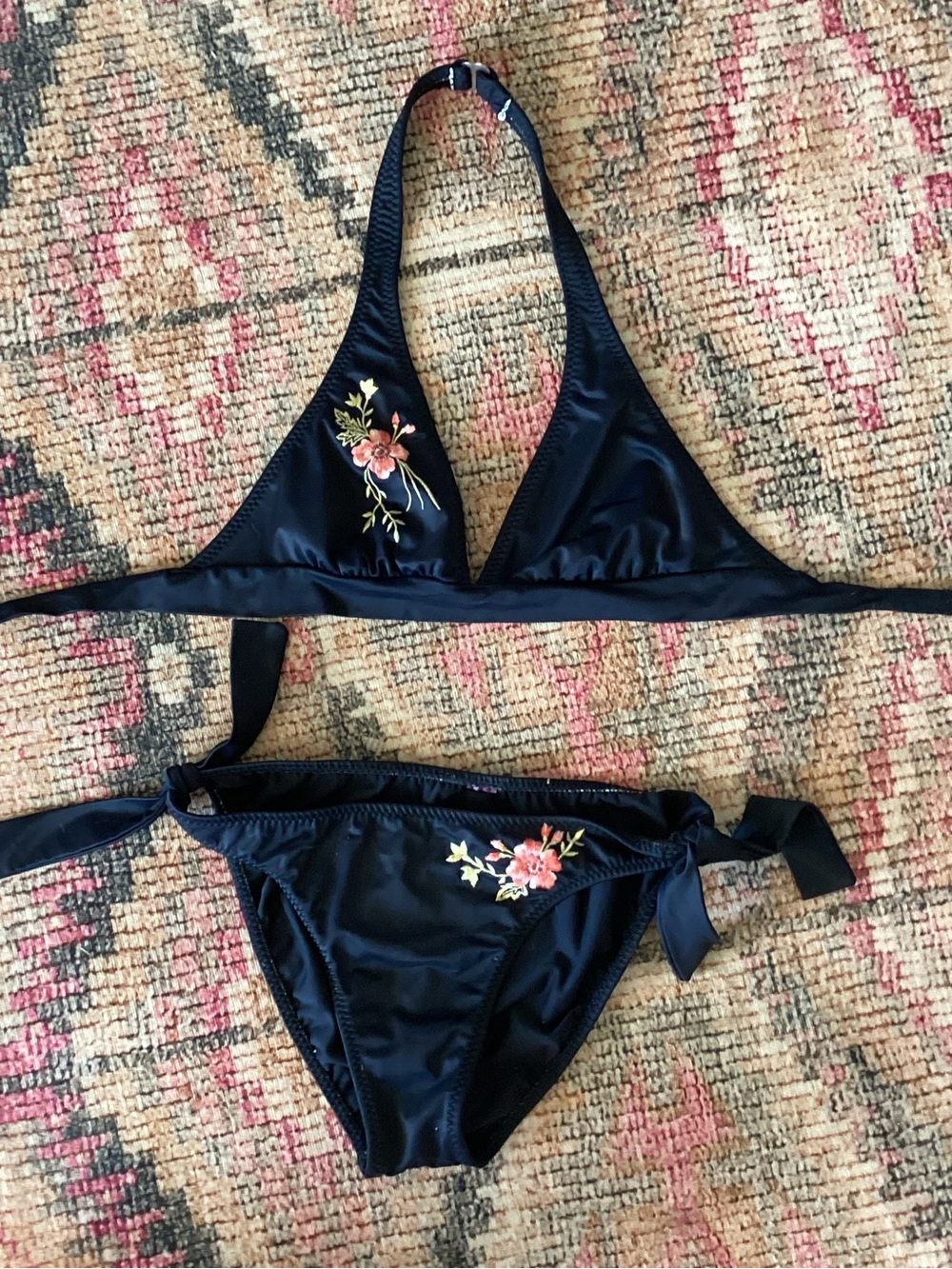 Navy Floral Embroidered Bikini Set